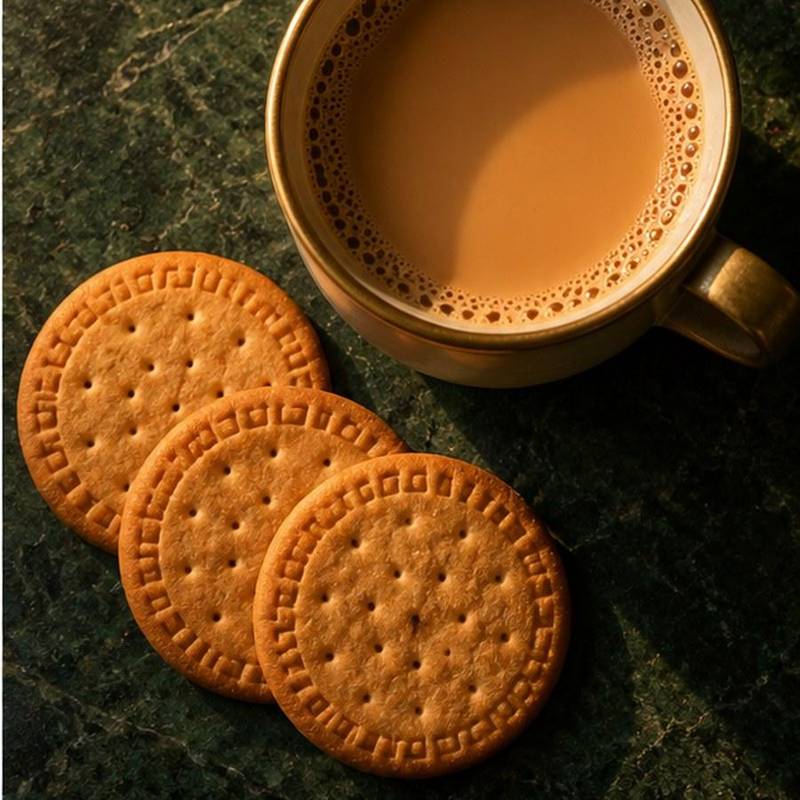 A cup of chai on a dark green surface in soft light