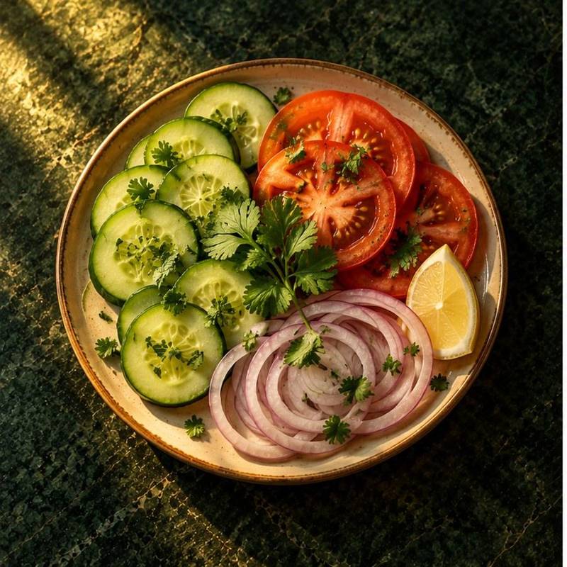 A fresh salad on a dark green stone surface