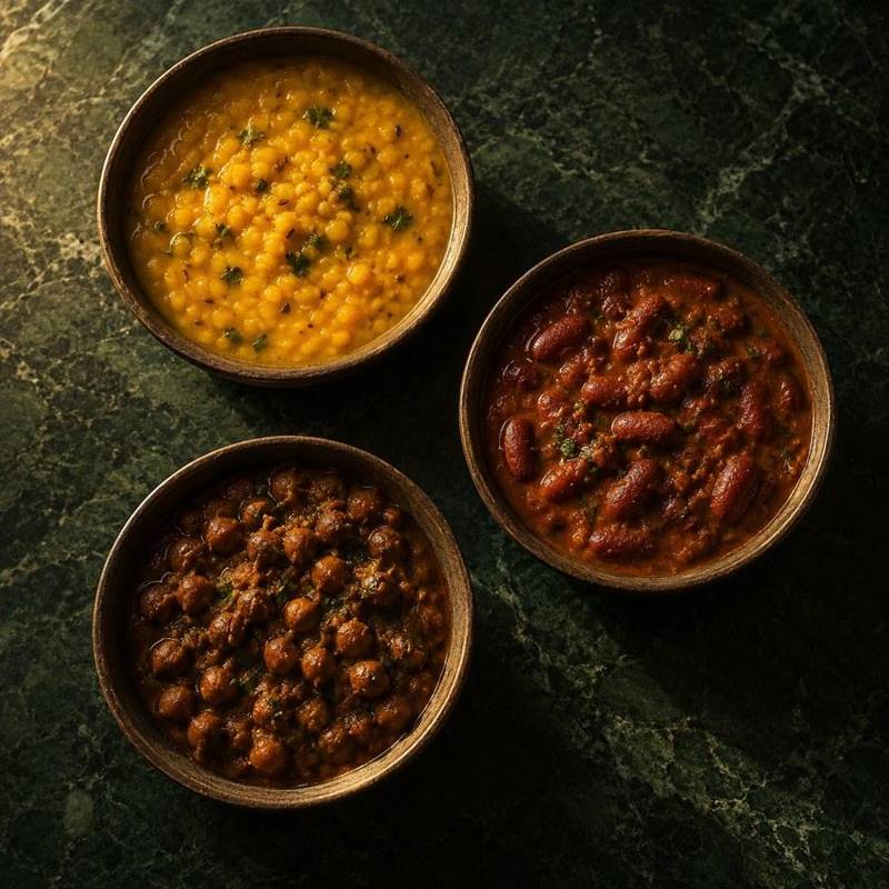 Bowls of dal, rajma and chana